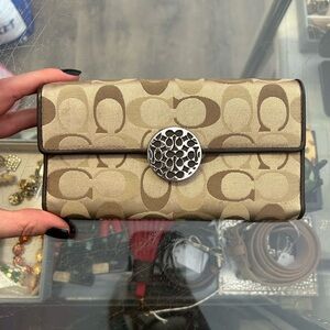 Coach Signature Khaki Brown Jacquard Flap Wallet Medallion Snap